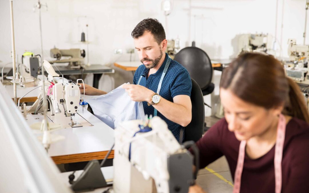 Workers sewing on a textile factory