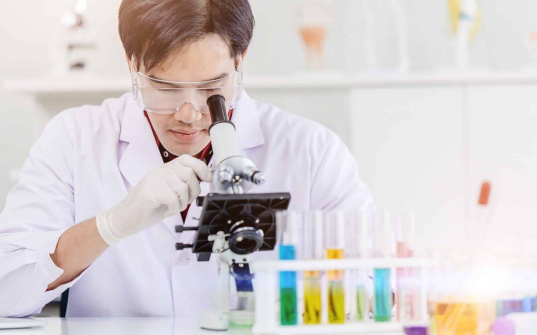 Asian Scientist Doctor working in medical healthcare lab for science medicine research looking at microscope